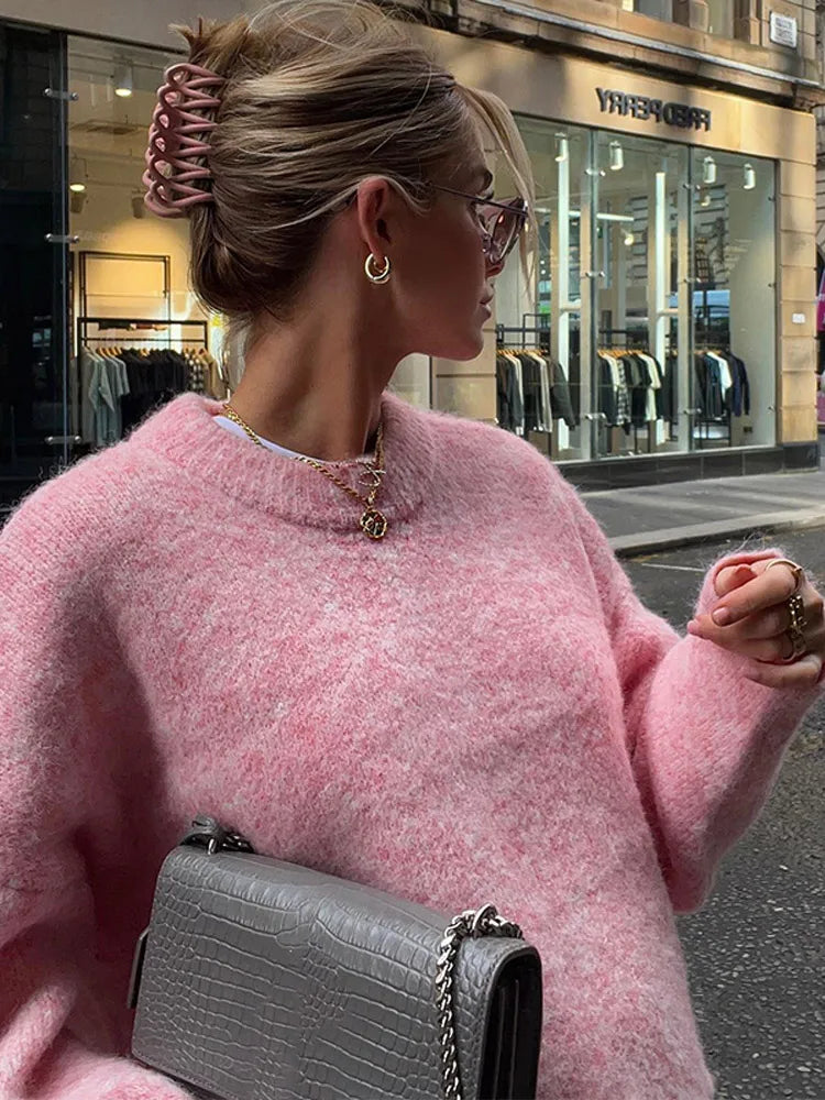 Oversize Pink Cashmere Base Sweater Long Sleeve Round Collar Pullover New Lady High