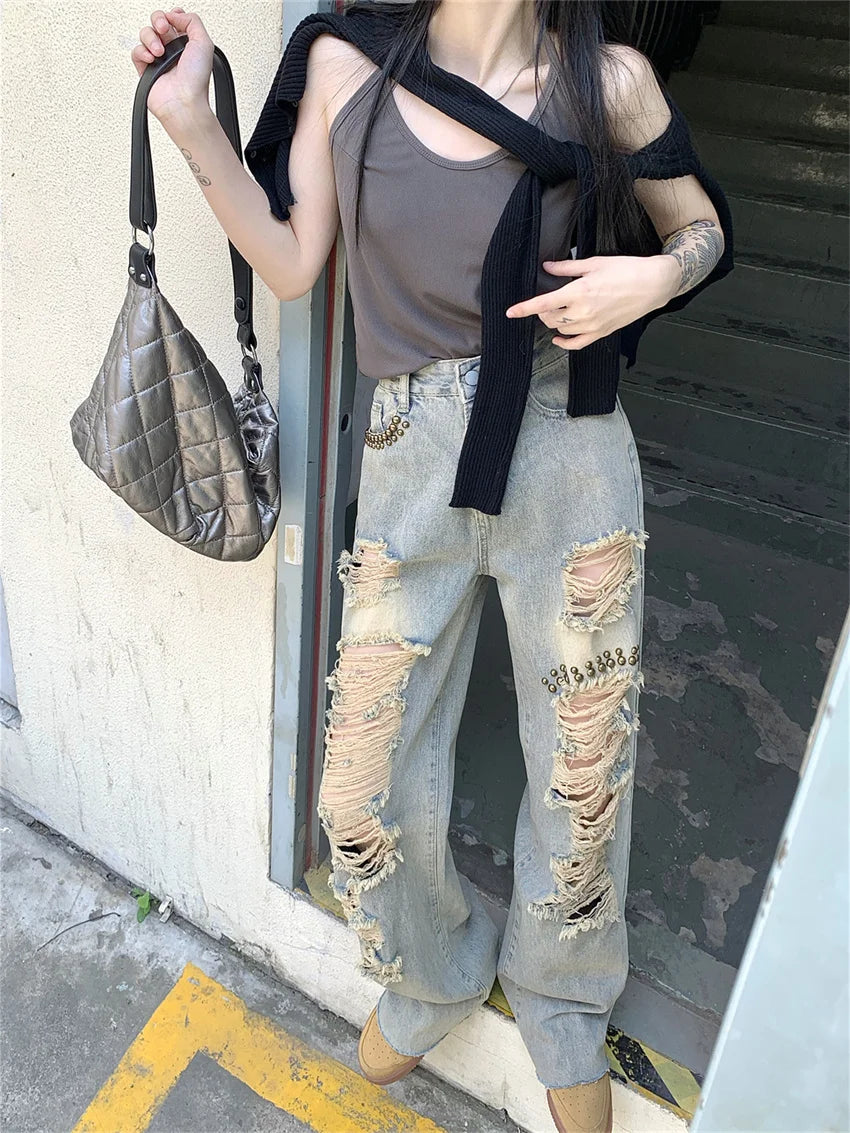 Autumn Hole Jeans High Waist Straight Loose Wide Leg Slim Office Wear Daily Pants