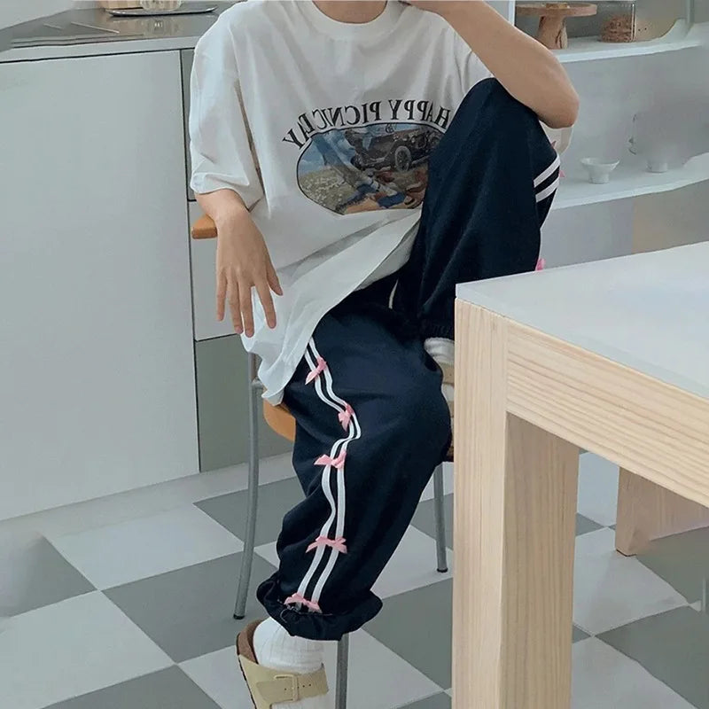 Side Striped Bow Drawstring Sweatpants High Waist Baggy Pants for Y2k