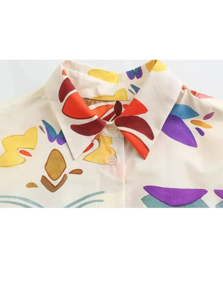 Spring Suit Printed Lapel Long Sleeves Single Breasted Shirts Female Elastic Waist Wide Leg Pants