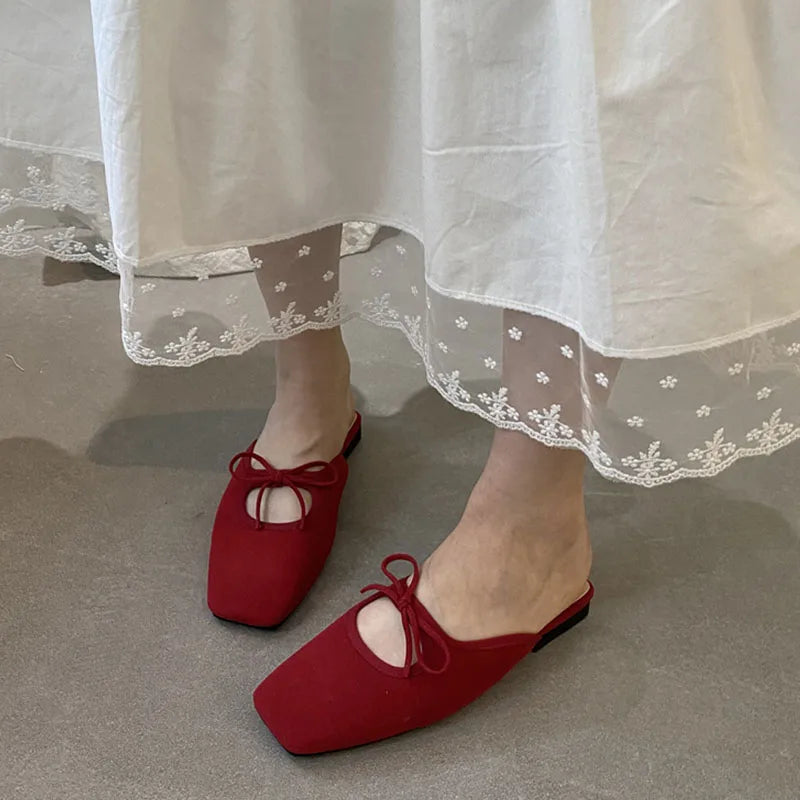 Summer New Flat Slipper Square Toe Slip on Mules Shoes Soft Flat Heel Outdoor Dress Sandal Slides New Woman