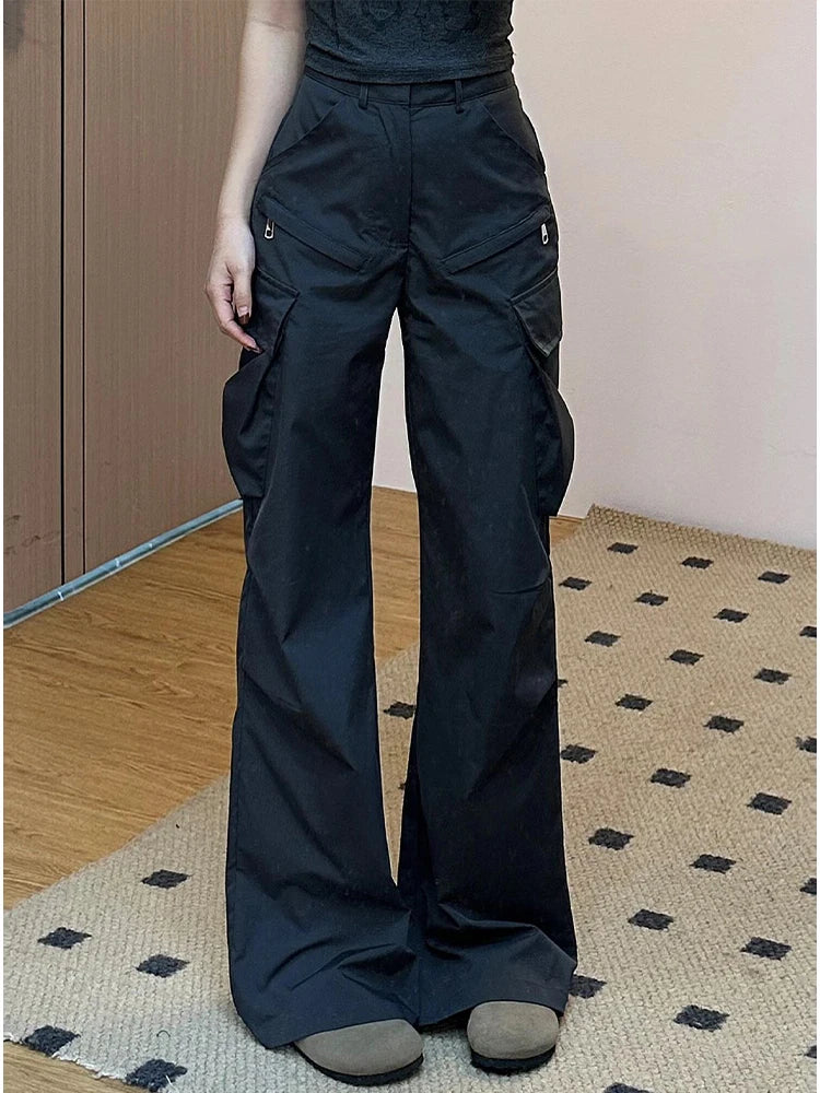 Black Cargo Flare Pants Harajuku Baggy Pants Y2k 2000s 90s Aesthetic Emo Pants Trousers Clothes