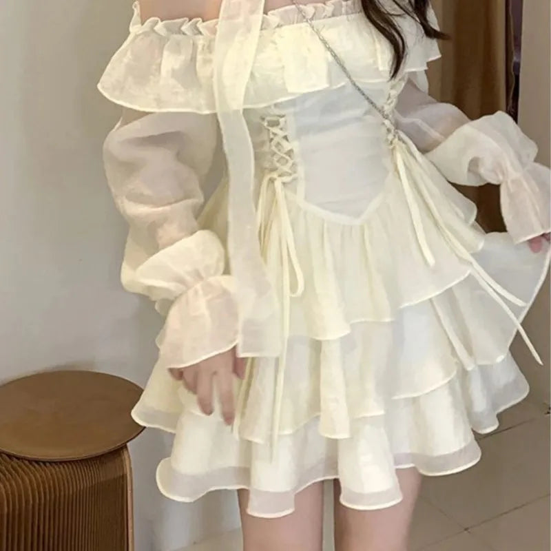 Mini Dresses Woman Off Shoulder Ruffles Aline Long Sleeve Laceup Short Party Dress Korean One Piece New