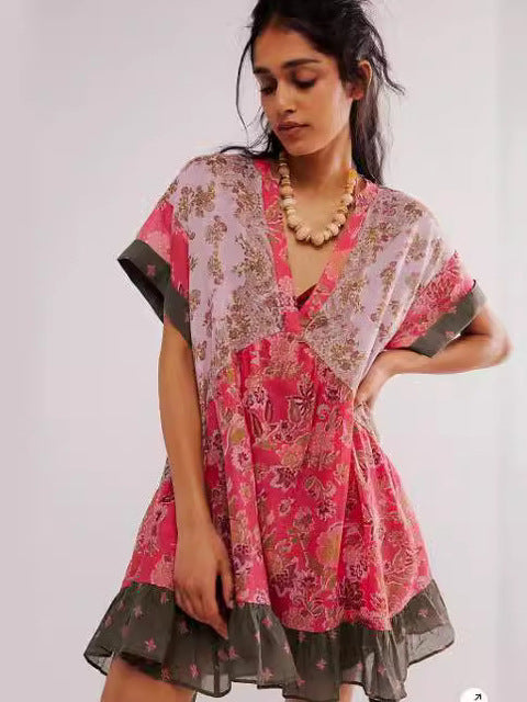 Color Print Mini Dresses Spring Summer New V-neck Short Sleeves Folds Loose Irregular Short Dress Vestidos