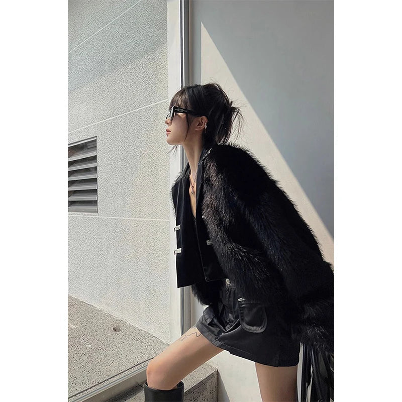 Y2k Cropped Faux Fur Coat Korean Black Quilted Fluffy Jacket Winter Long Sleeve Furry Outerwear New