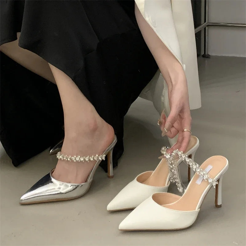 New Crystal Diamond Slipper Pointed Toe Thin Heels Dress Mules Shoes