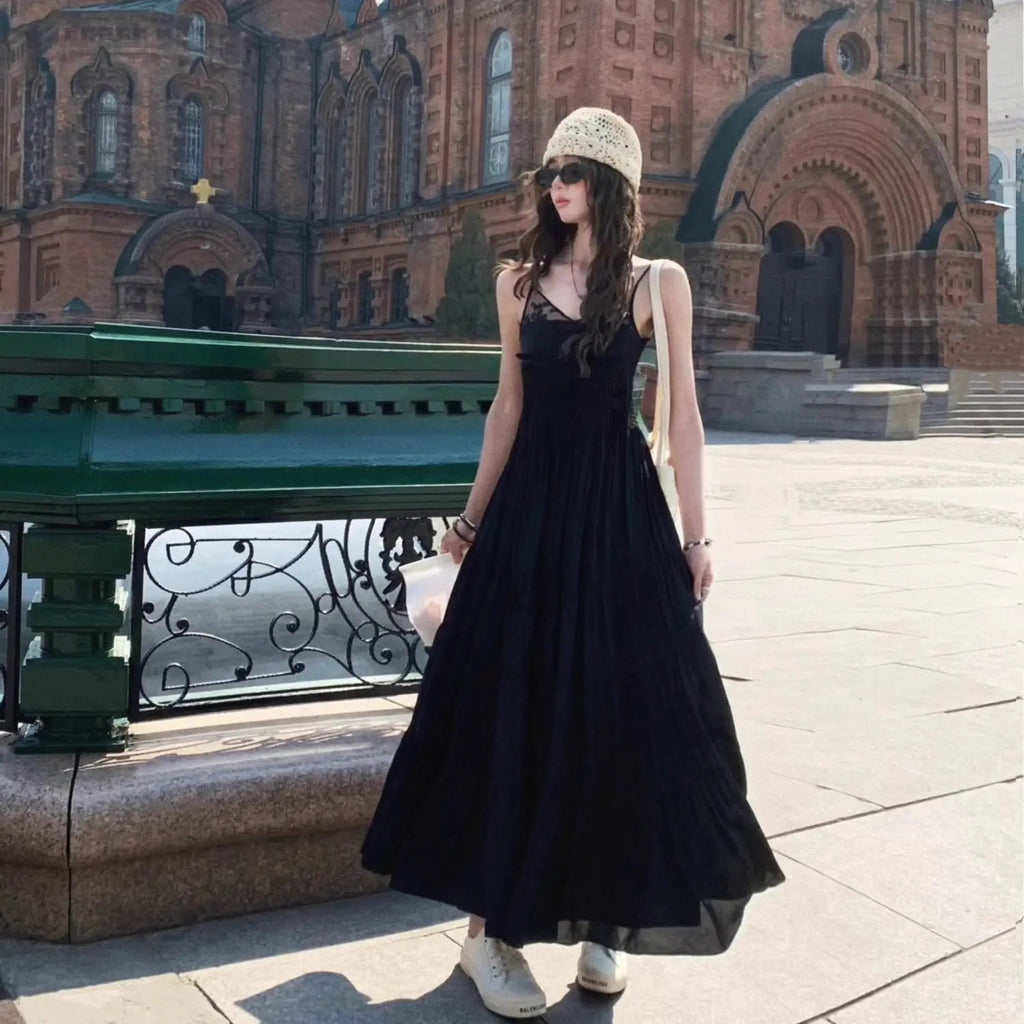 French Lace Spliced Black Slip Dress Summer New High End Sleeveless Waist Slimming Aline Long Dress for