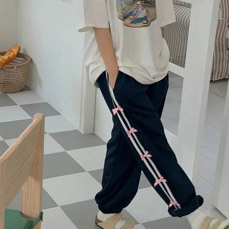 Side Striped Bow Drawstring Sweatpants High Waist Baggy Pants for Y2k