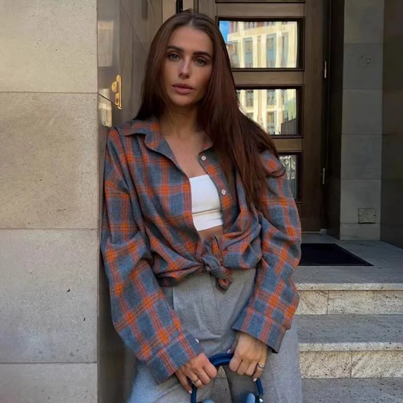 Summer Oversized Plaid Shirt Long Sleeve Loose Fit Blouse Autumn Female Office Shirt Tops for Woman