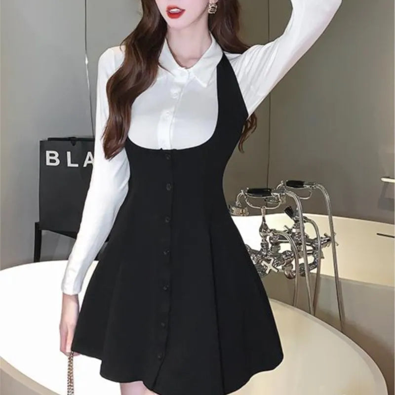Autumn New Two-piece Skirt Sets Long Sleeve White Blouse High Waist Halter Mini Dress Korean Y2k Harajuku Outfits