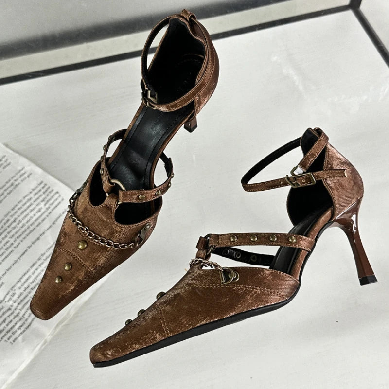 Retro Rivets Metal Chain High Heels Thin Heel Party Dress Shoes Office Shoes Pointed Toe Pump Sandals