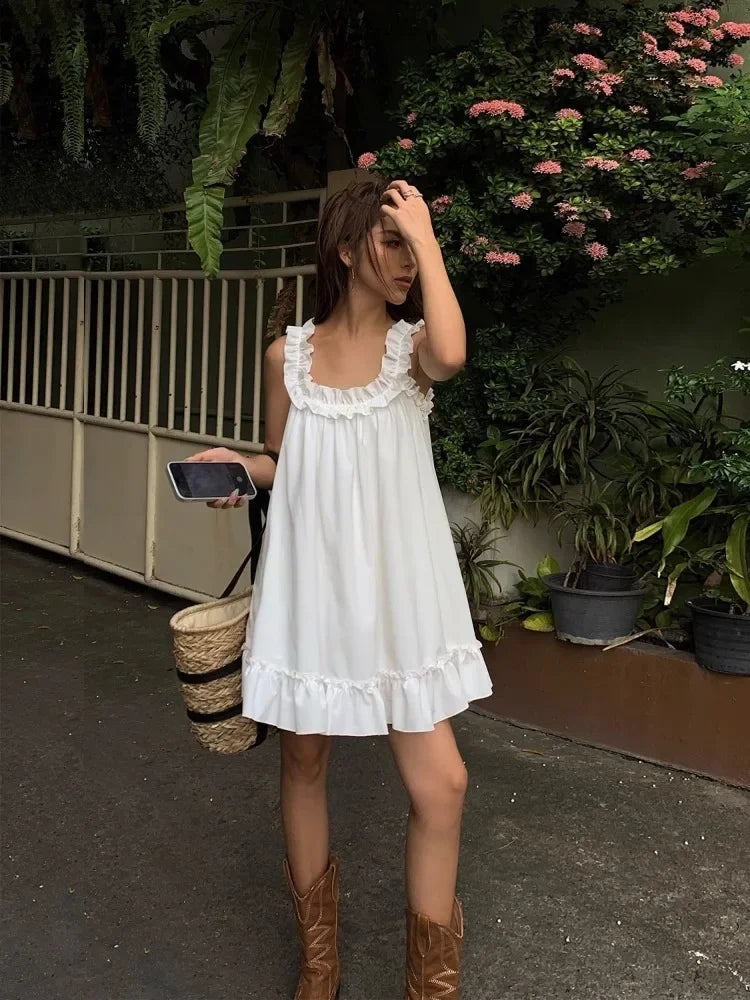 Sleeveless Ruffles Mini Dress White Beach Sundress Girl Home Dresses Loose Summer Dress Oversized