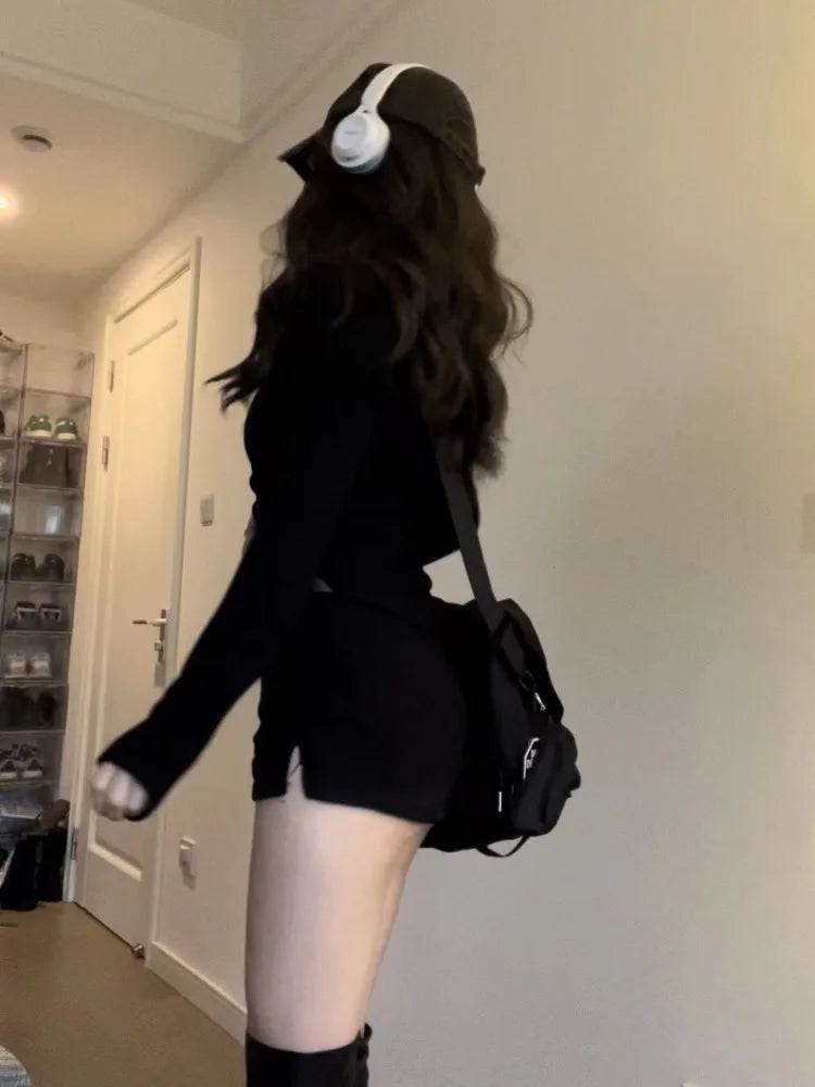 Korean Simple Vneck Long Sleeve Slim Fit Black Tops + Y2k Grunge High Waist Split Shorts Summer New Two Piece Sets
