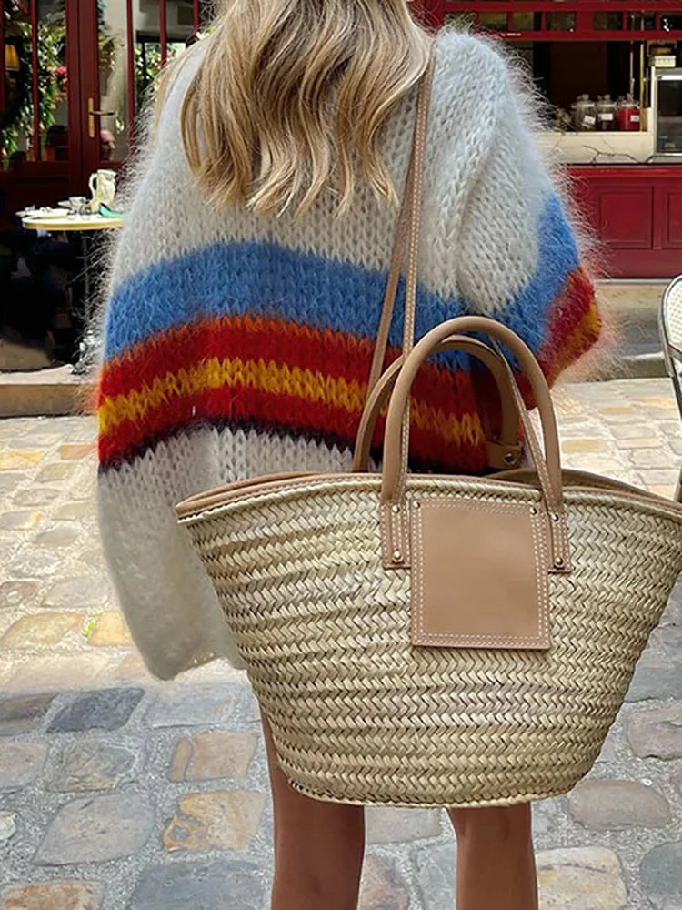 V Neck Simple Patchwork Striped Sweaters, Autumn Winter Long Lantern Sleeve Cardigan, Loose Knitted Tops