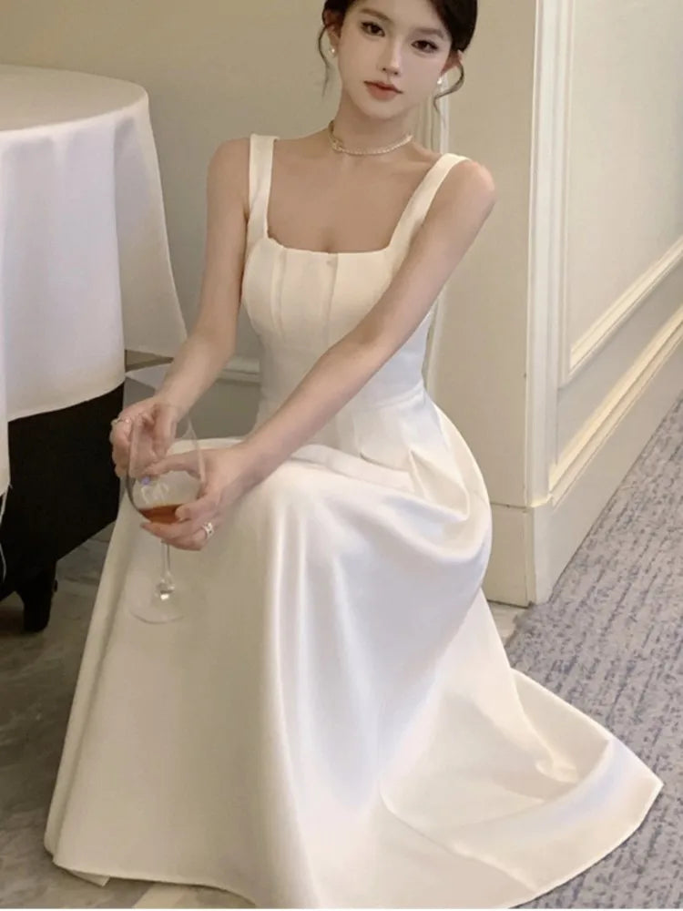 Summer Spring Dresses French Spaghetti Strap Sleeveless Princess Evening Party Midi Dress Slim Waist Vestidos Robe