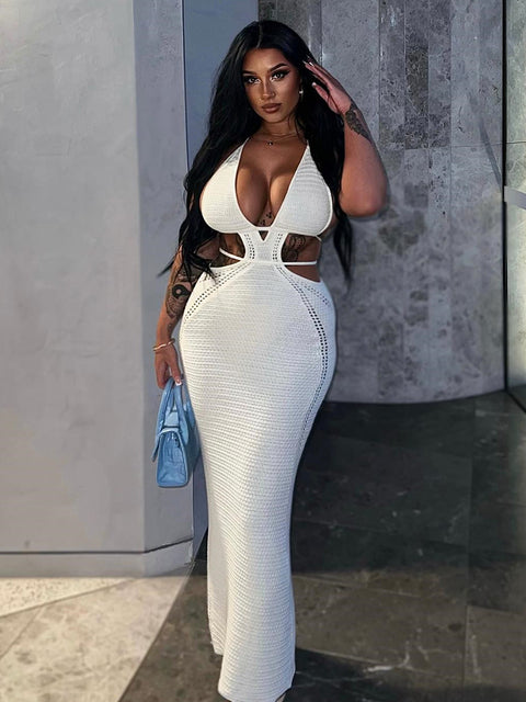 Hollow Out Halter Mini Dress Summer New Sleeveless Backless Skinny Club Party Knit Tank Dress Vestido