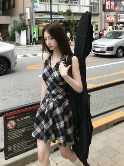 Y2k Mini Dress Plaid Bow Sleeveless Vest Dress French High Waist Style Dress Summer