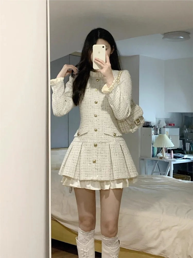 French Coat Dresses for Long Sleeve O-neck Ruffles A-line Short Dress Autumn Spring Korean Vestidos Mujer New