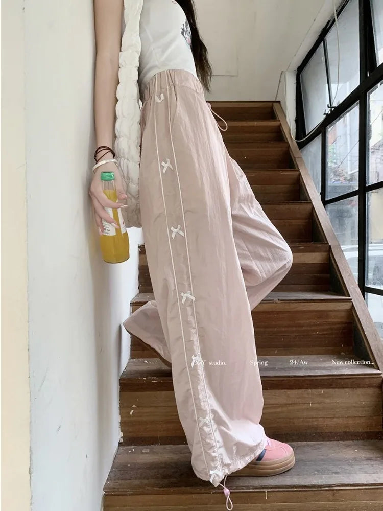 Pink Sweet Y2k Parachute Pants Korean Style Coquette Baggy Joggers Bow Harajuku Kawaii Wide Trousers