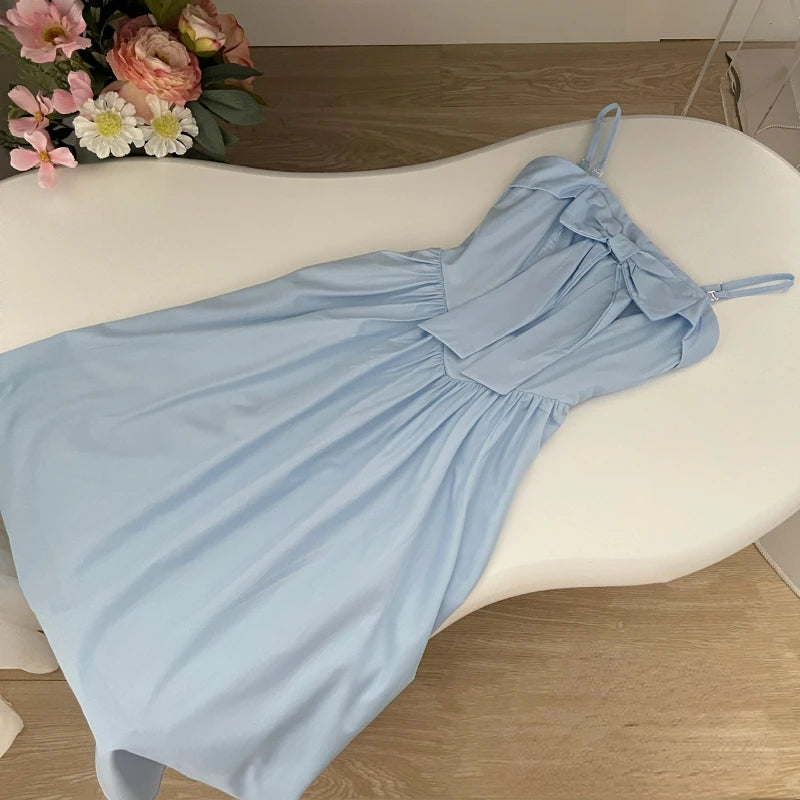 Japanese Midi Dress Sweet Strap Blue Bow Strapless Dress Beach Style One Piece Dress Korean Summer