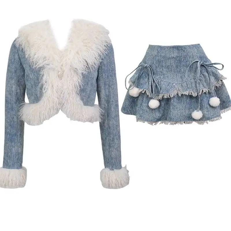 Sweet Hot Girl Suit Autumn/winter Denim Patchwork Furry Short Coat Aline Skirt Twopiece Set Female Clothes