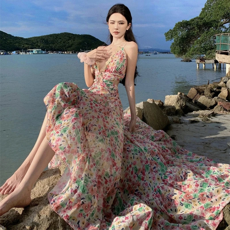 Sweet Hot Girl Pink Dress Spring/summer Holiday Backless Halter Aline Long Dress Female Clothes