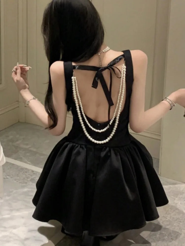 Korean Romantic Pearl Chain Backless Lace Up Princess Mini Dresses Sweet a Line Dress Birthday Evening Party Clothes