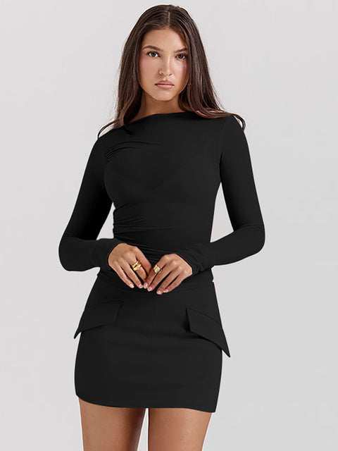 Julissa Mo Patchwork Round Neck 3 Piece Sets Skirt Suit Pink Long Sleeve T-shirt Mini Skirt Autumn Slim Skirt Sets