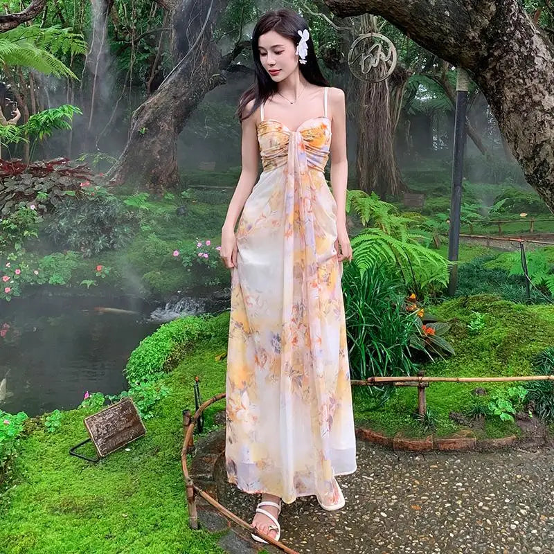 Retro Beige Yellow Print Sleeveless Pleated Slip Long Dress Summer New Holiday Evening Party Dress