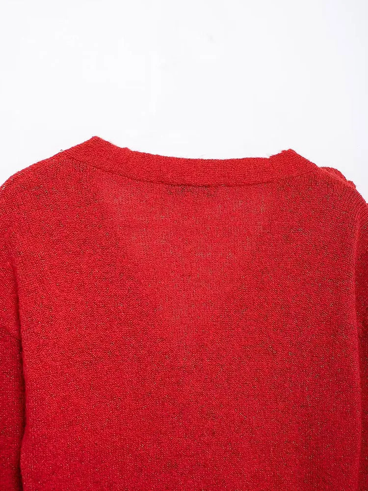 Knitted 3d Flowers Cardigan Retro V-neck Slim Long Sleeve Short Sweaters Female Spring Street Knitwear