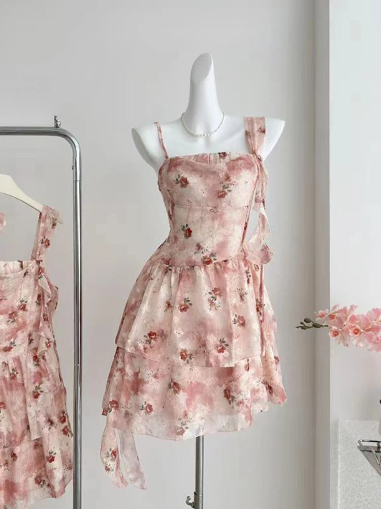 Summer French Dress Sweet Retro Slim Mini Dress Korean Y2k 2000s Strap Dress