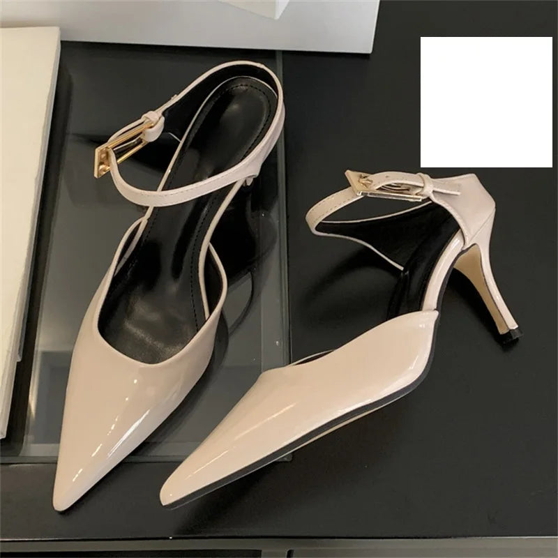 Patent Leather Pointed Toe Buckle Strap Slippers Thin Heels Wedding Dress Mule Shoes