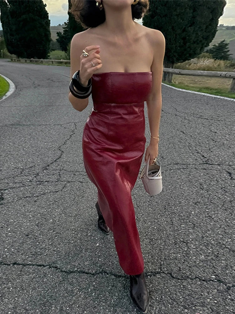 Pu Leather Tube Dresses Suit Coat ’s Set Slim Fit Long Dress Lapel Jackets Sets Female Street Outfits