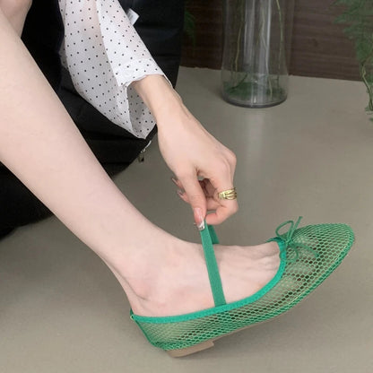 Simple Mesh Breathable Soft Bottom Mary Jane Shoes Design Bowknot Shallow Mouth Flat Shoes Party Ballet Dance Shoe