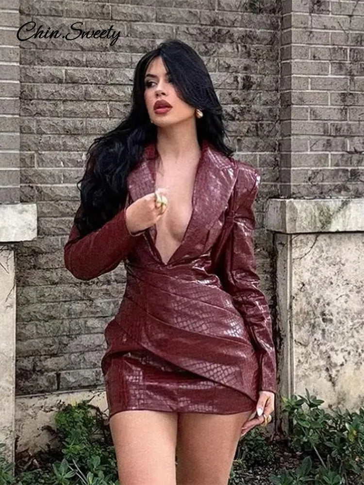 Burgundy Deep V Leather Mini Dress Lattice Shoulder Pads Long Sleeve High Waist Fold Dresses Lady Slim Short Robes