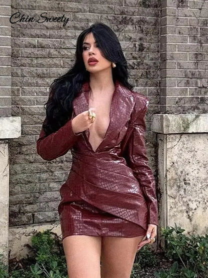 Burgundy Deep V Leather Mini Dress Lattice Shoulder Pads Long Sleeve High Waist Fold Dresses Lady Slim Short Robes