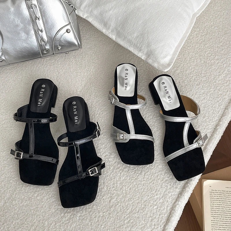 Summer Open Toe Slippers Thick Heel Beach Vacation Slides Party Dress Shoes