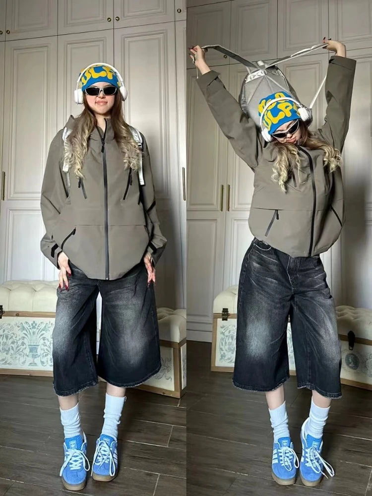 Black Calflength Shorts Jeans Oversize Wide Leg Denim Pants Y2k Causal Do Old Summer Bottoms