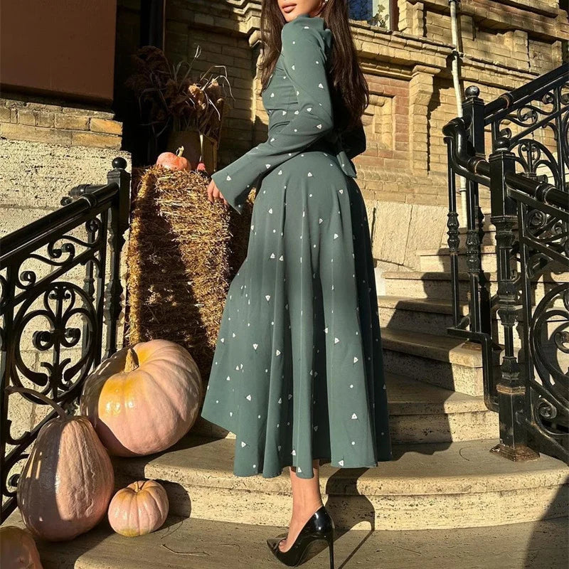 Spring Oneck Swing Maxi Dress Print Lace Up Bow Slim Long Dress Autumn Flare Long Sleeve Party Dress