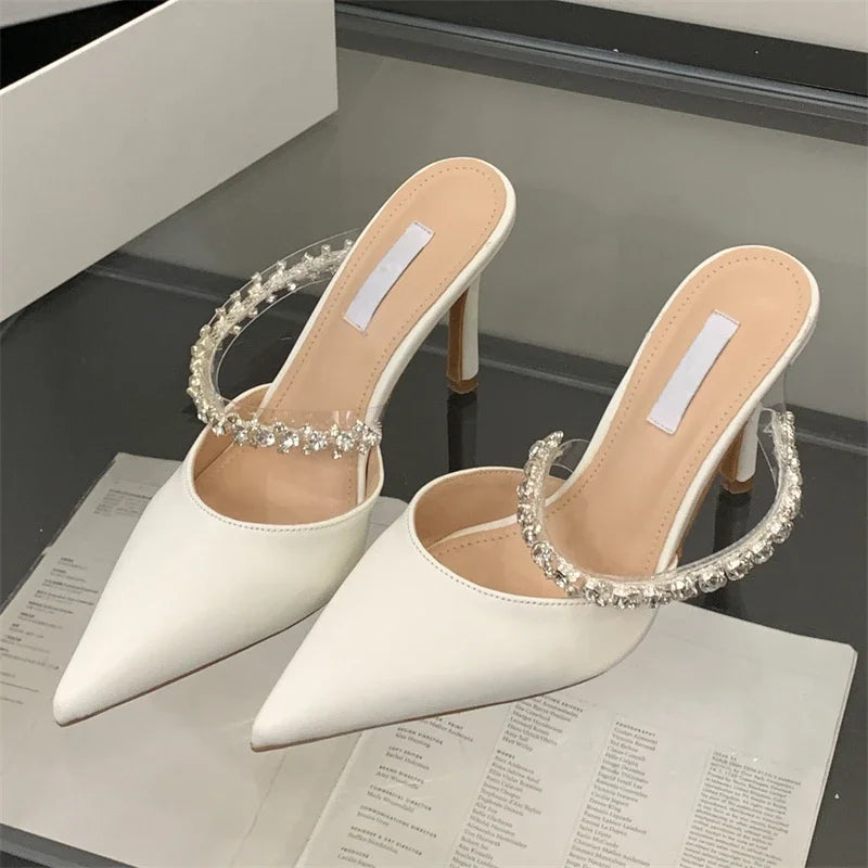 New Crystal Diamond Slipper Pointed Toe Thin Heels Dress Mules Shoes