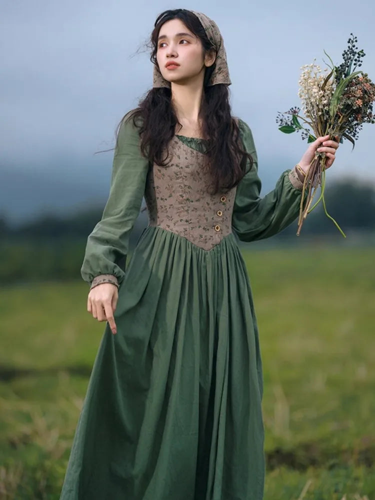Autumn Long Dresses for Country Style Mori Slim Long Sleeve Fake Twopiece Dress Robe