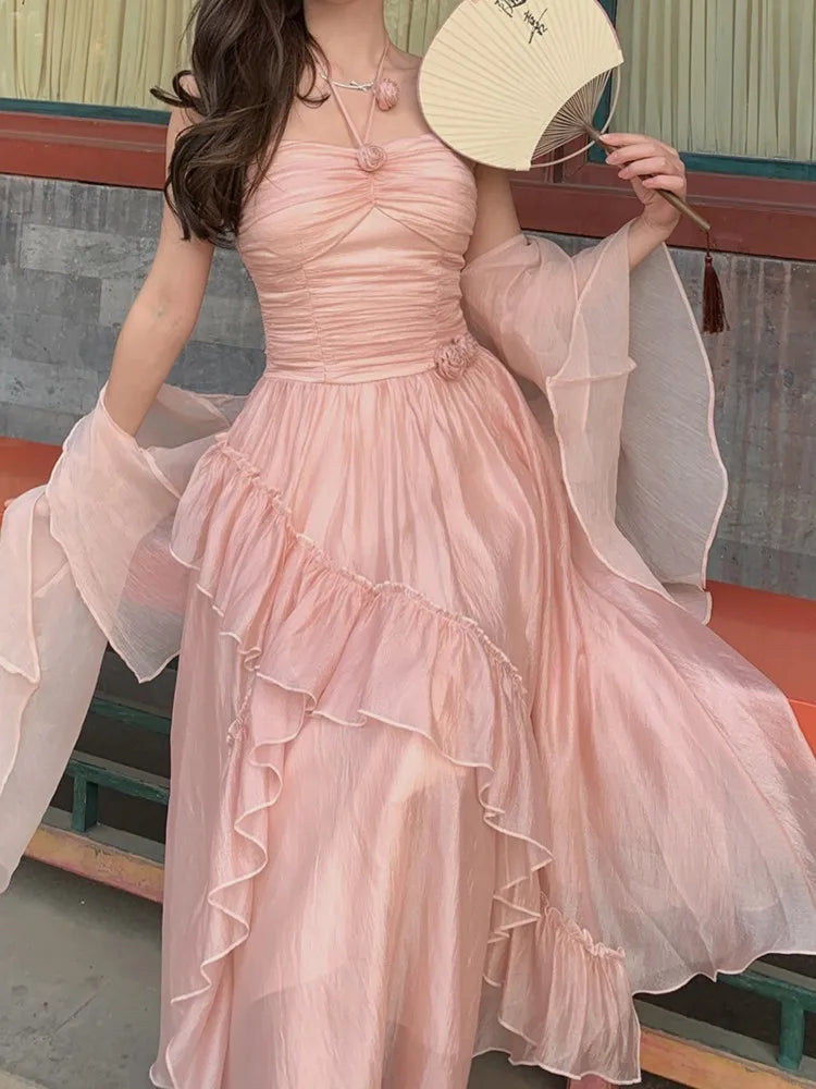 Summer French Midi Dresses Folds Ruffle Party Prom Robe Fairycore Neck Mounted New Dress