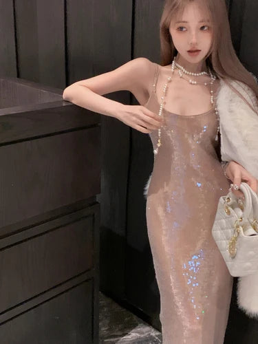 Spicy Girl Heavy Industry Sequin Sling Dress Summer New Waist Female Wrap Hip Long Dresses