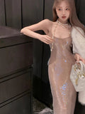 Spicy Girl Heavy Industry Sequin Sling Dress Summer New Waist Female Wrap Hip Long Dresses