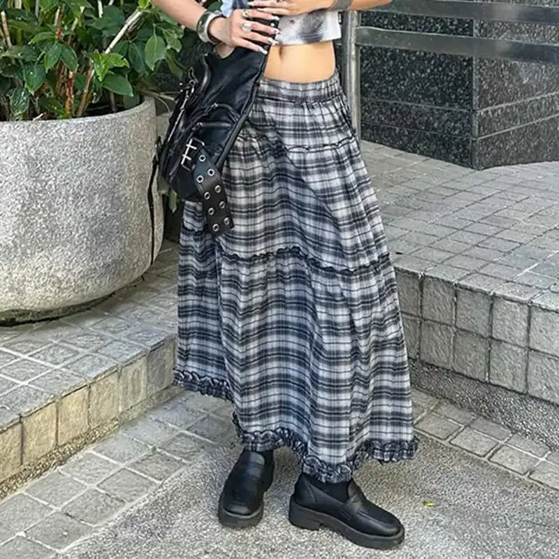 Contrast Color Plaid Aline Skirt Autumn New Korean Pleated Loose All Match Midlength Skirt