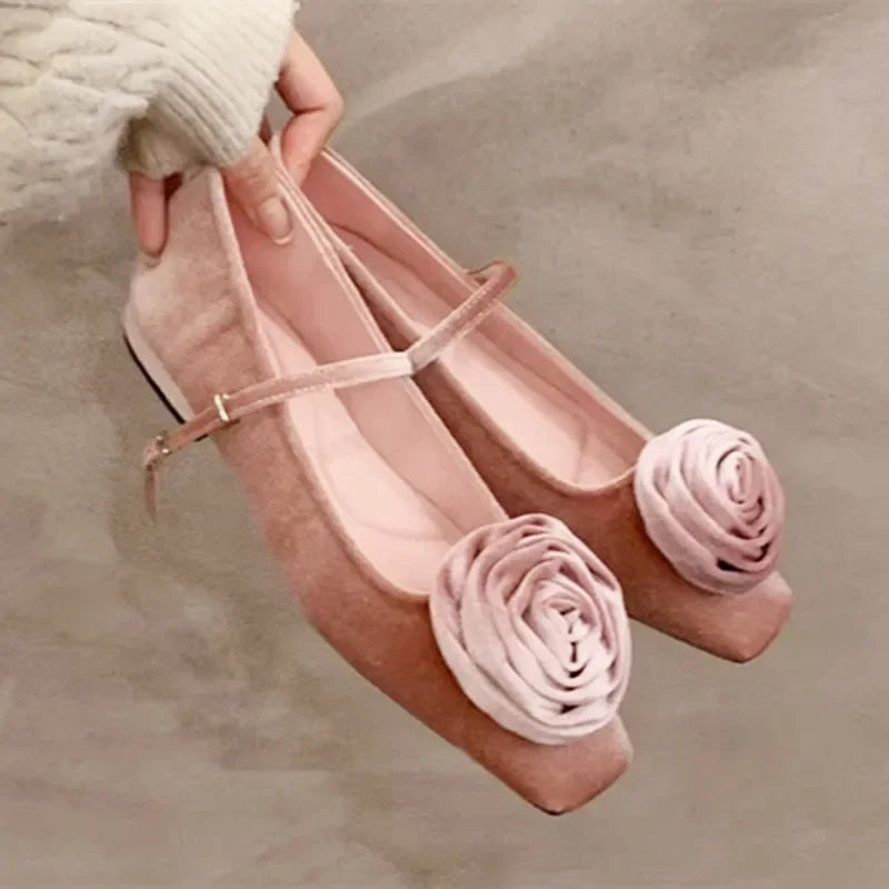 Flock Flowers Flat Shoes for Shallow Dress Shoes Comfort Soft Sole Square Toe Designer Mary Jane Ballet Shoes