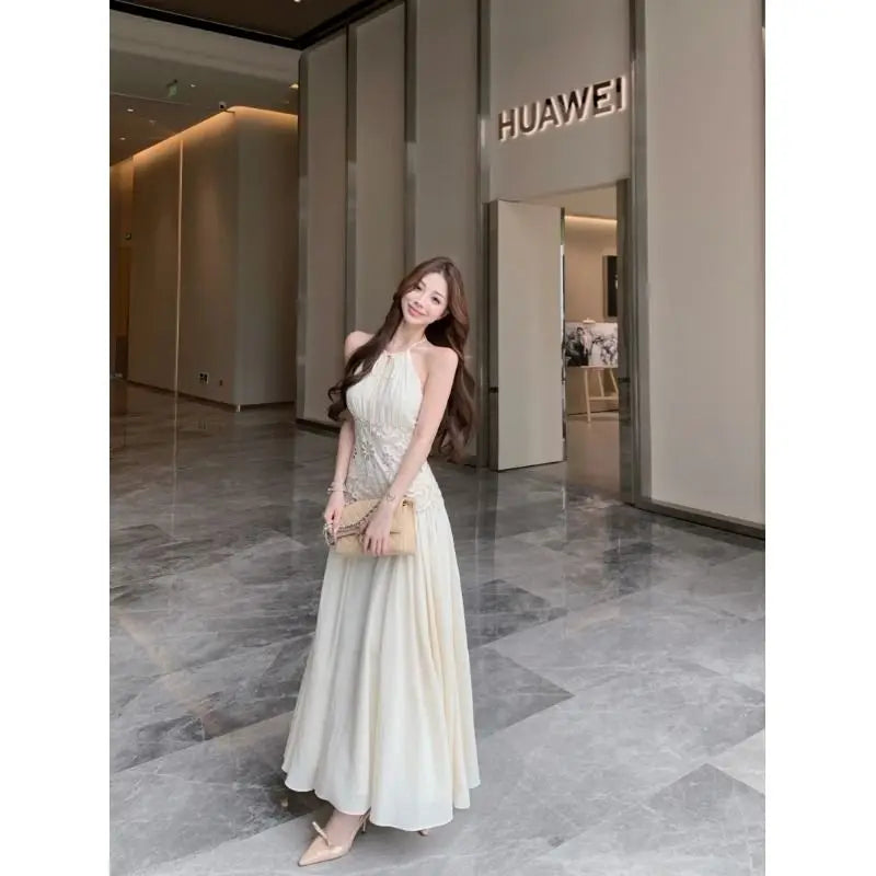 Lace Patchwork Hanging Neck Dress Summer Waist Cinched Sleeveless Spicy Girl Temperament Aline Long Dresses