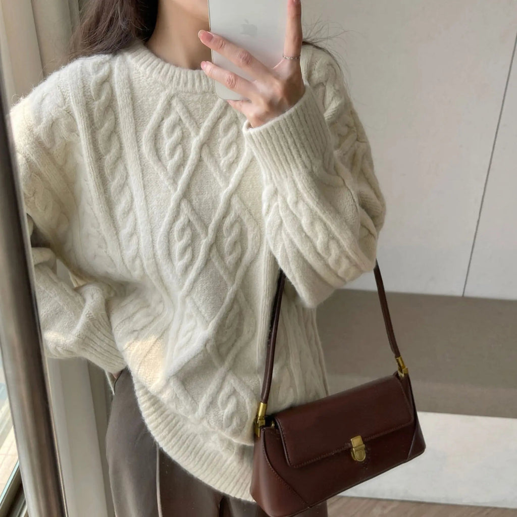 Thick Twisted Sweater Autumn Long Sleeve O-neck Female Knitted Pullover Loose Lady Kintwear Tops