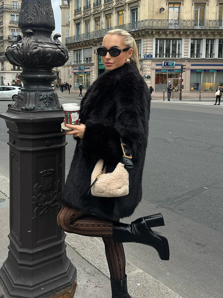 Lapels Faux Fur Coat Winter Brand Designer Fluffy Fox Fur Jacket Furry Overcoats Girl Stylish Long Outerwear