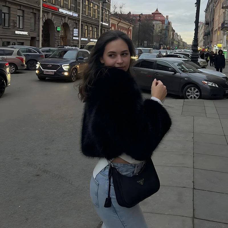 Brand Winter Sweet Pink Cropped Faux Fur Coat Ins Fluffy Fox Fur Jacket Female
